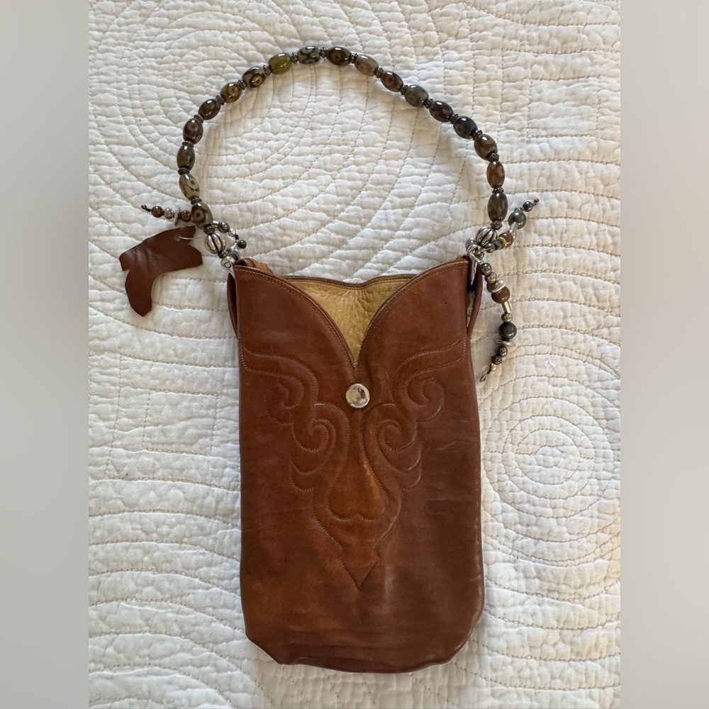 Vintage Tony Lama Leather Boot Purse Western Cowgirl Handbag Beaded Strap USA